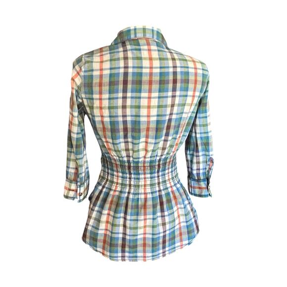 BKE Blue Rust Plaid Button Down Shirt MED Sequins Smocked Back Roll Tab Sleeves - Picture 3 of 10